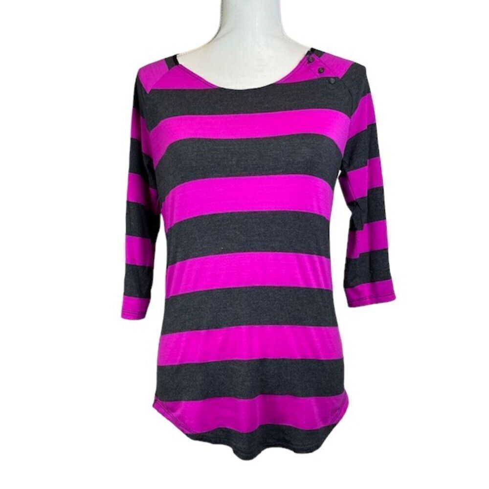 Banana Republic Striped Shoulder Button Top Neon Pink Charcoal Medium 3/4 Sleeve